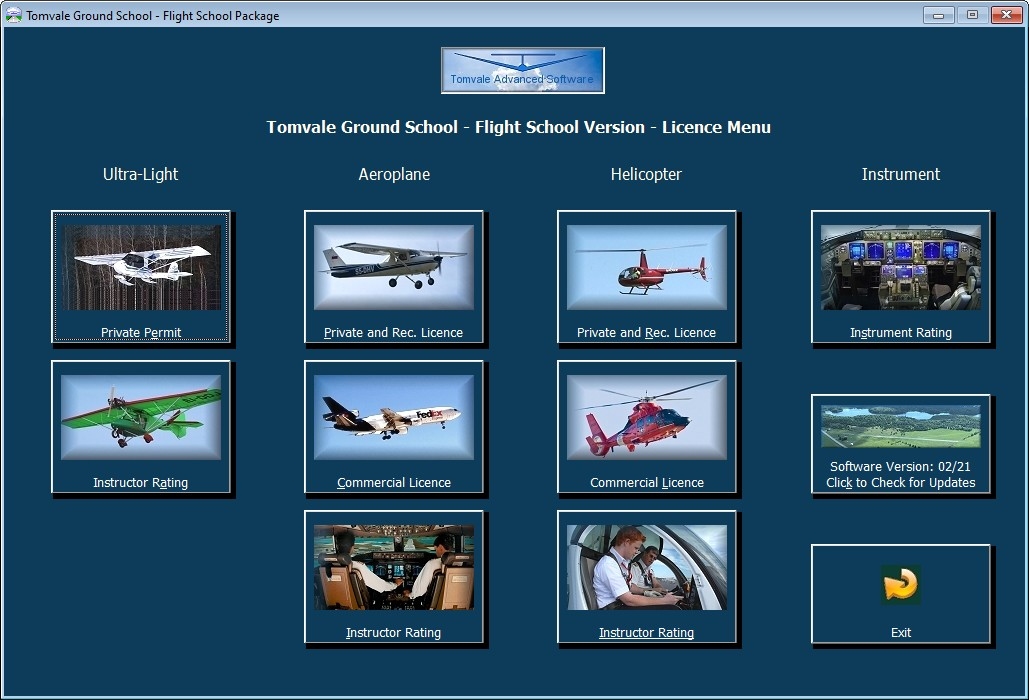 Tomvale Aviation Pilot Ground School Software Flight School Menu