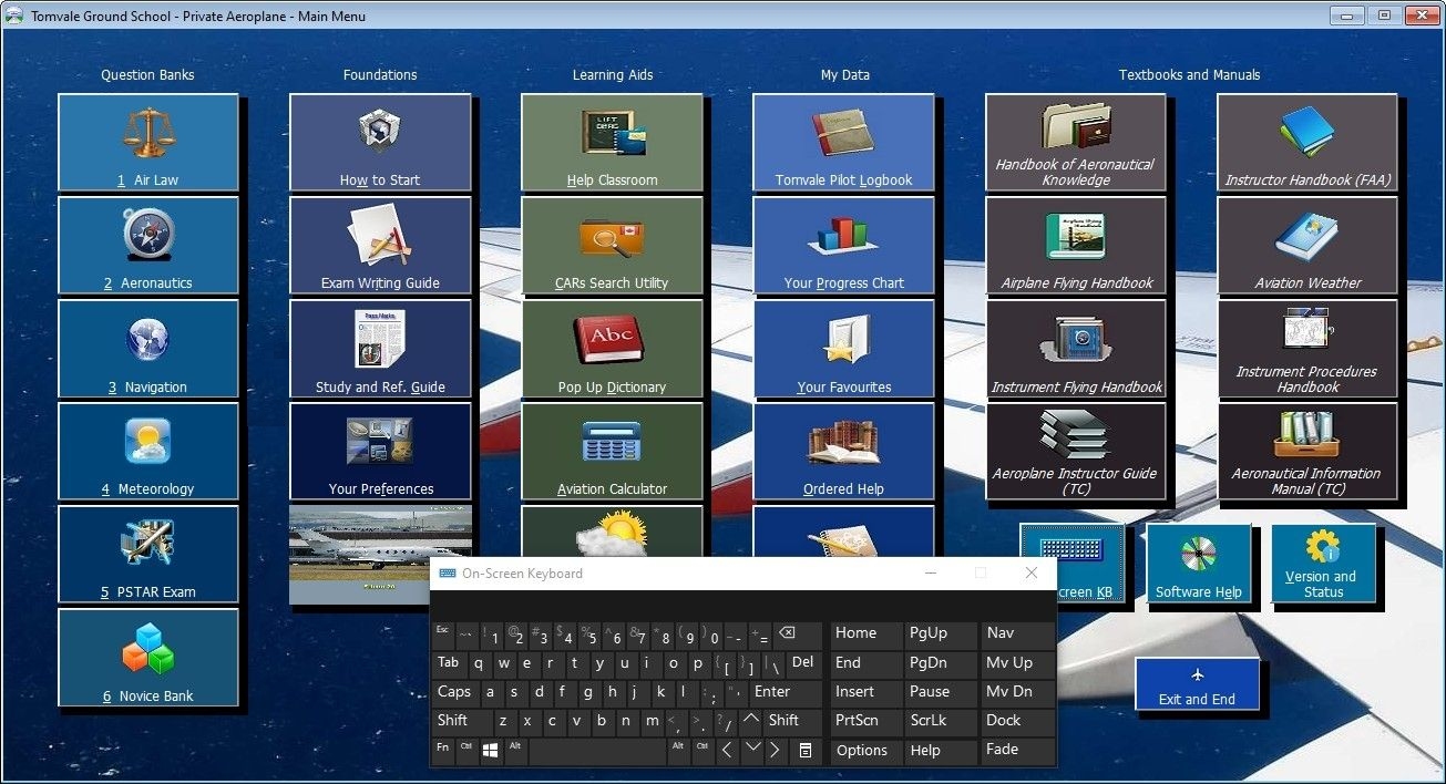 Tomvale Aviation Pilot Ground School Software Software Menu Onscreen Keyboard