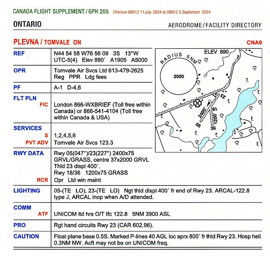 Tomvale Airport Flight Supplement Entry